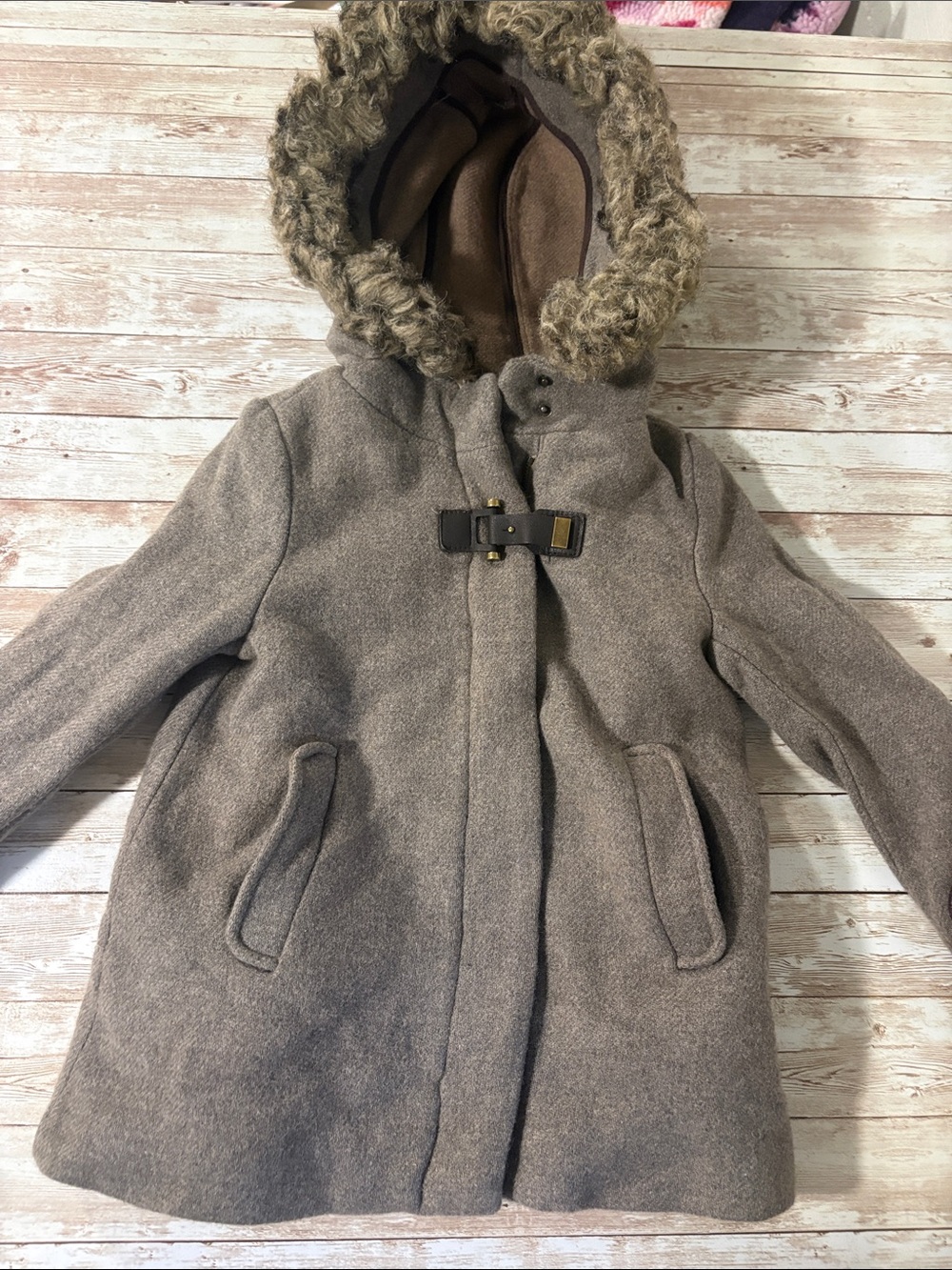 Zara Girls' Gray Wool-Blend Hooded Pea Coat with Faux-Fur Trim